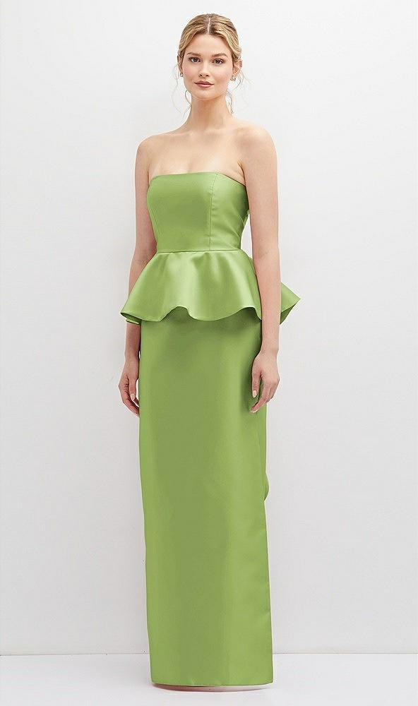 strapless satin maxi dress with cascade ruffle peplum detail