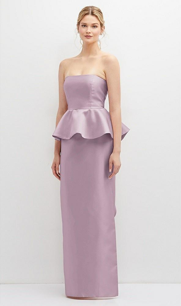 strapless satin maxi dress with cascade ruffle peplum detail