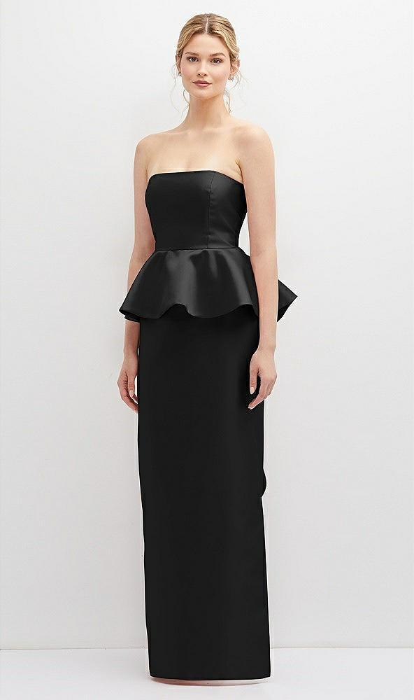 strapless satin maxi dress with cascade ruffle peplum detail
