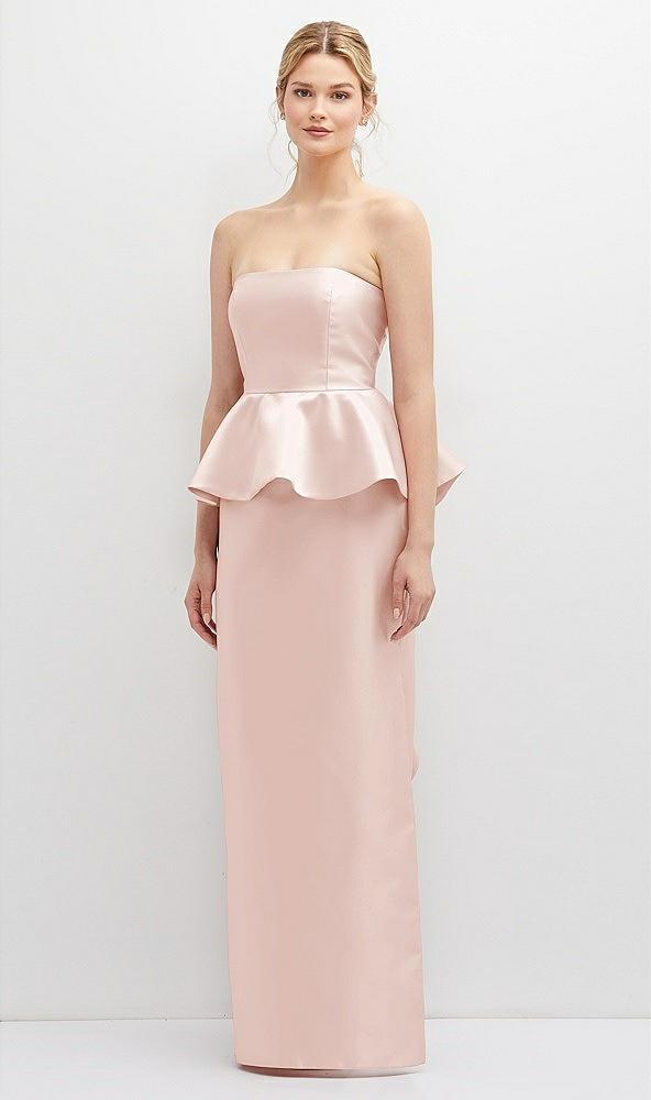 strapless satin maxi dress with cascade ruffle peplum detail