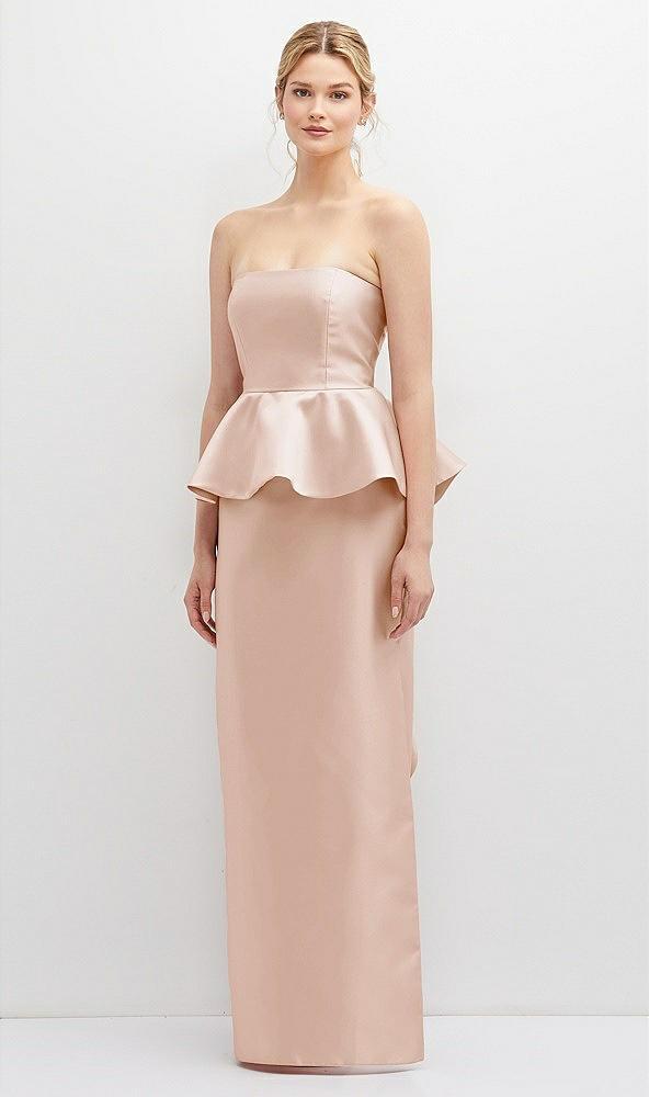 strapless satin maxi dress with cascade ruffle peplum detail