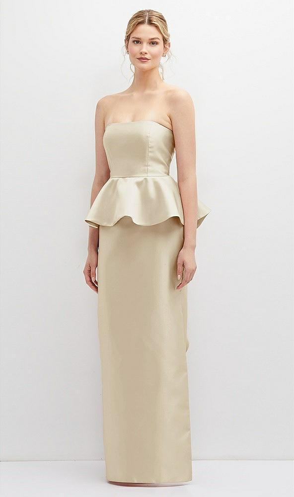 strapless satin maxi dress with cascade ruffle peplum detail