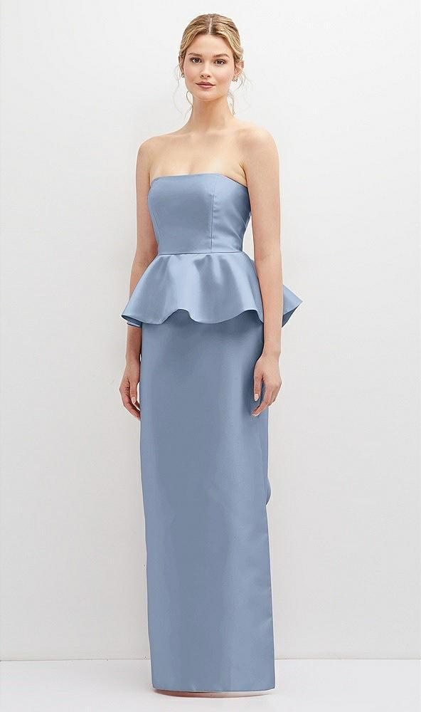 strapless satin maxi dress with cascade ruffle peplum detail