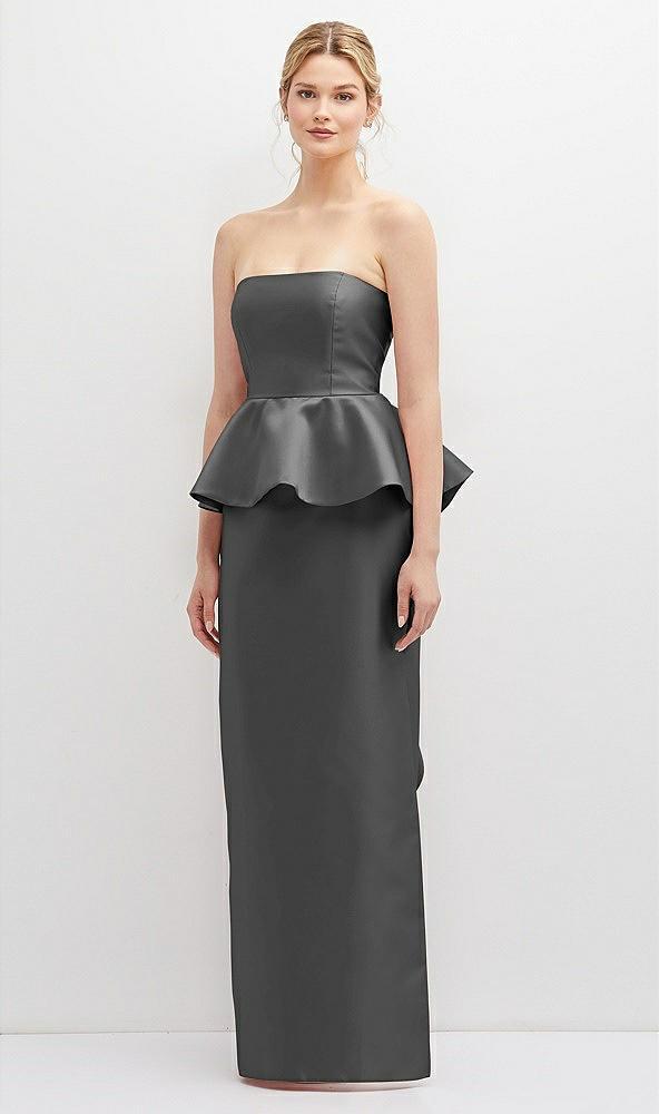 strapless satin maxi dress with cascade ruffle peplum detail