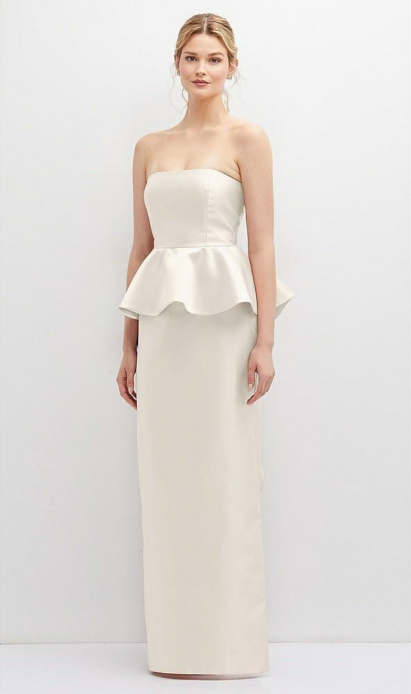 strapless satin maxi dress with cascade ruffle peplum detail