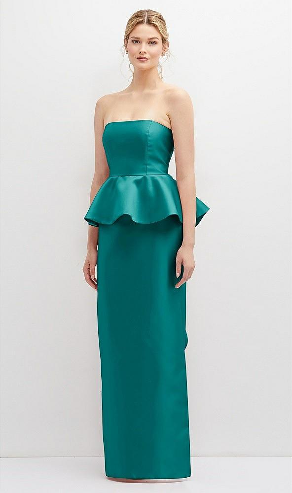 strapless satin maxi dress with cascade ruffle peplum detail