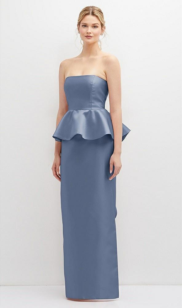 strapless satin maxi dress with cascade ruffle peplum detail