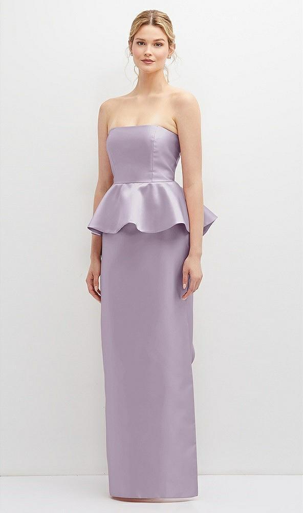 strapless satin maxi dress with cascade ruffle peplum detail