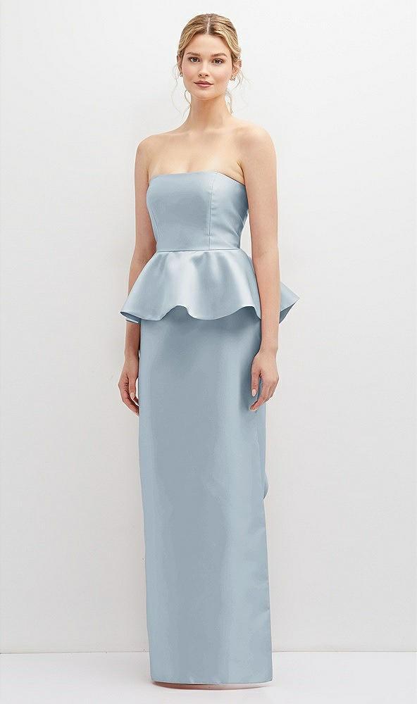 strapless satin maxi dress with cascade ruffle peplum detail