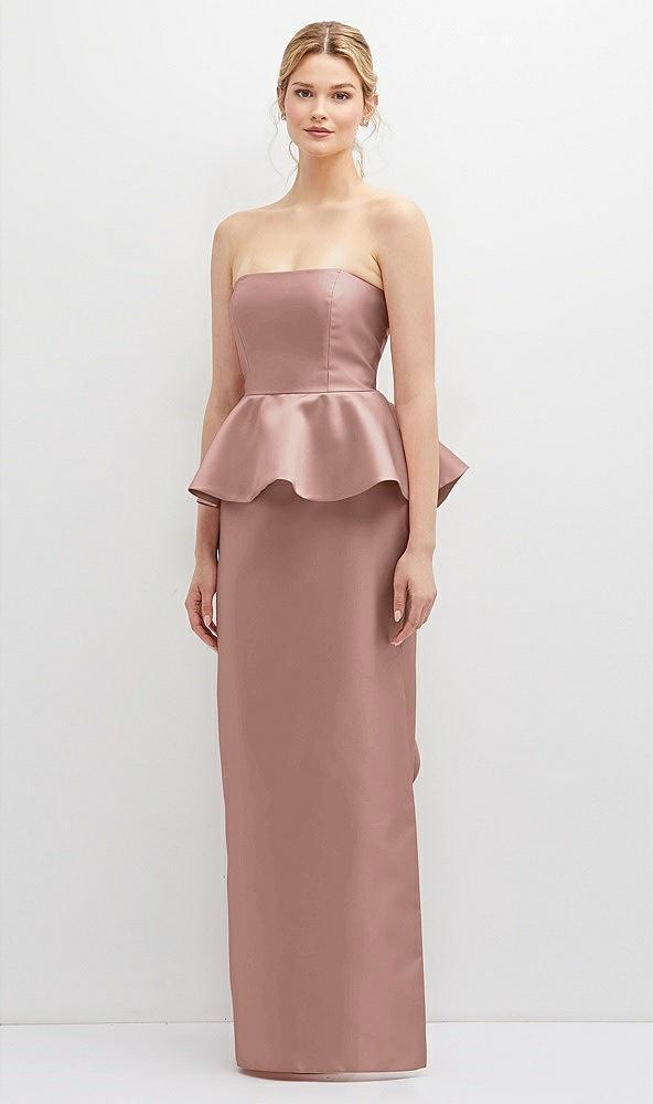 strapless satin maxi dress with cascade ruffle peplum detail