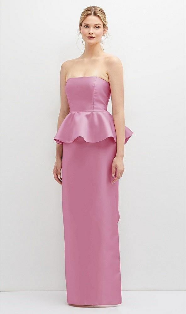 strapless satin maxi dress with cascade ruffle peplum detail