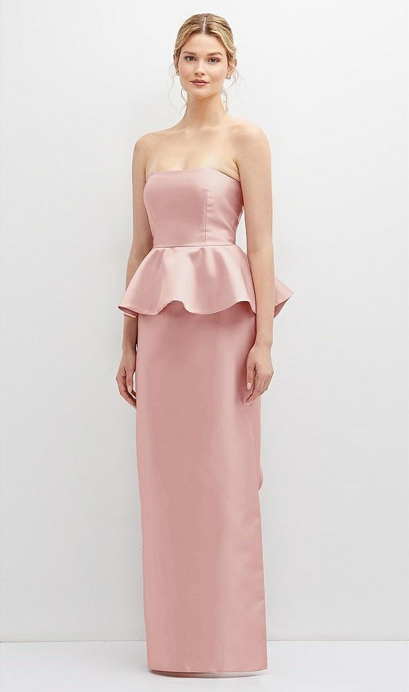 strapless satin maxi dress with cascade ruffle peplum detail
