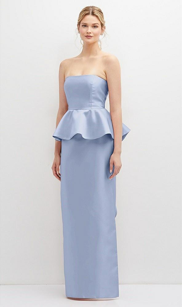 strapless satin maxi dress with cascade ruffle peplum detail
