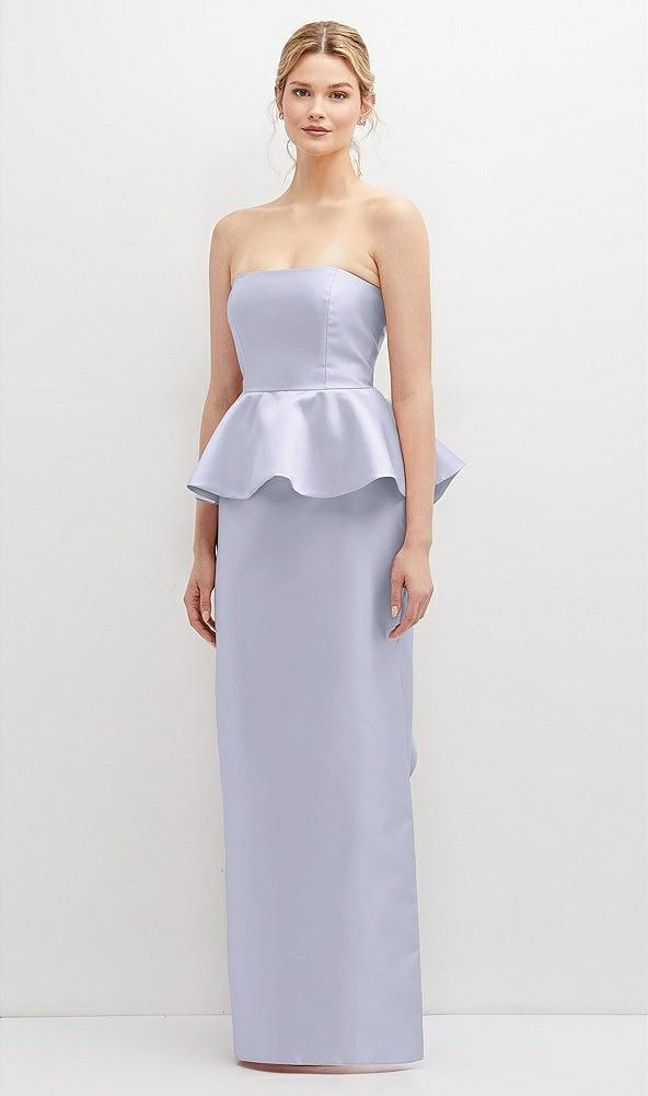 strapless satin maxi dress with cascade ruffle peplum detail