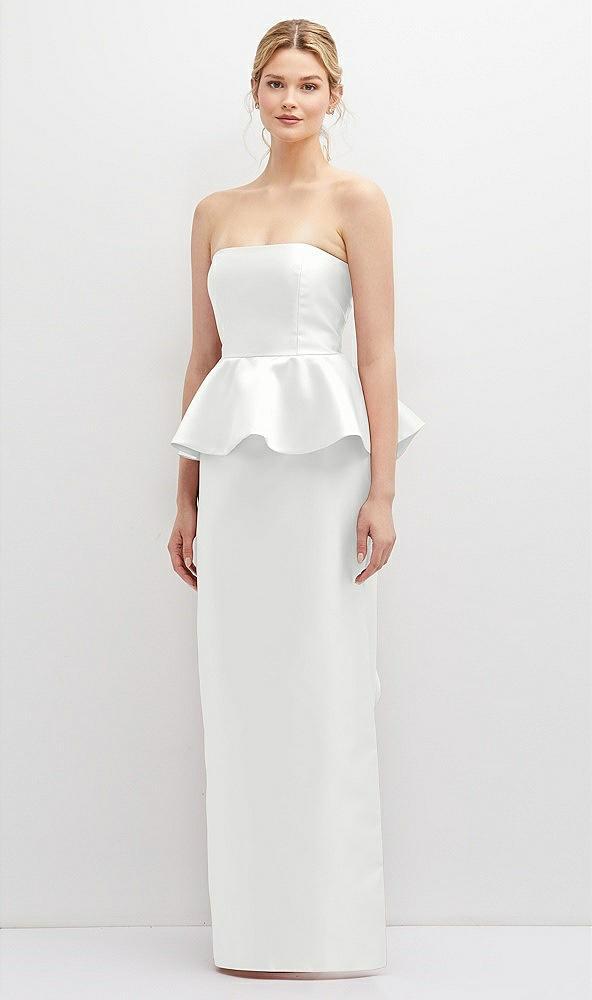 strapless satin maxi dress with cascade ruffle peplum detail