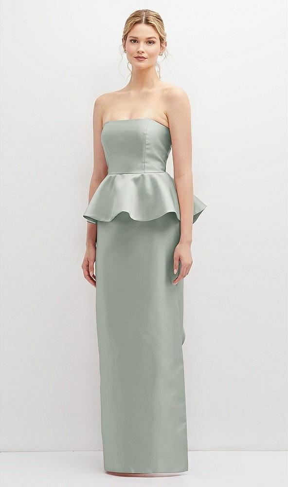 strapless satin maxi dress with cascade ruffle peplum detail