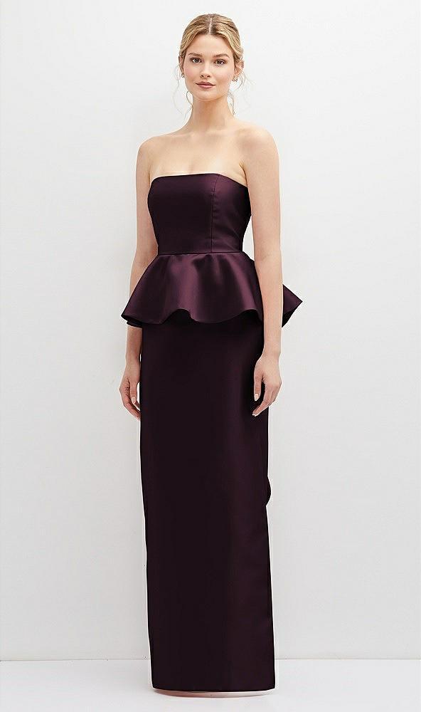 strapless satin maxi dress with cascade ruffle peplum detail