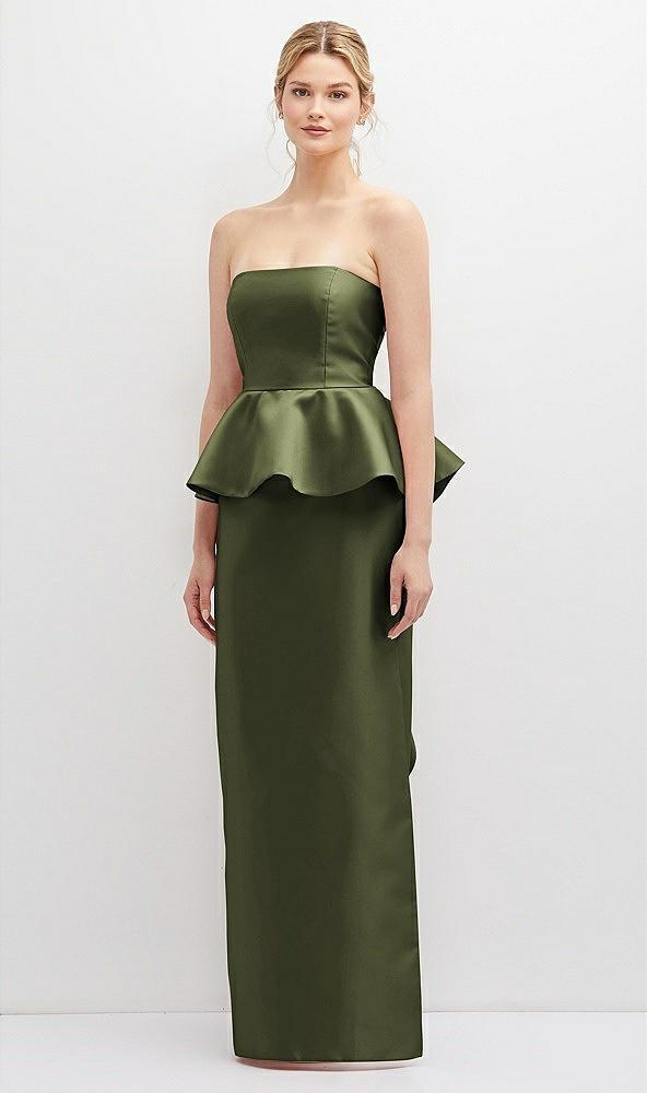 strapless satin maxi dress with cascade ruffle peplum detail