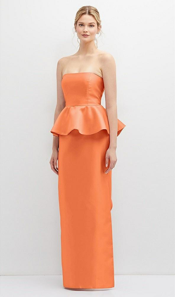 strapless satin maxi dress with cascade ruffle peplum detail