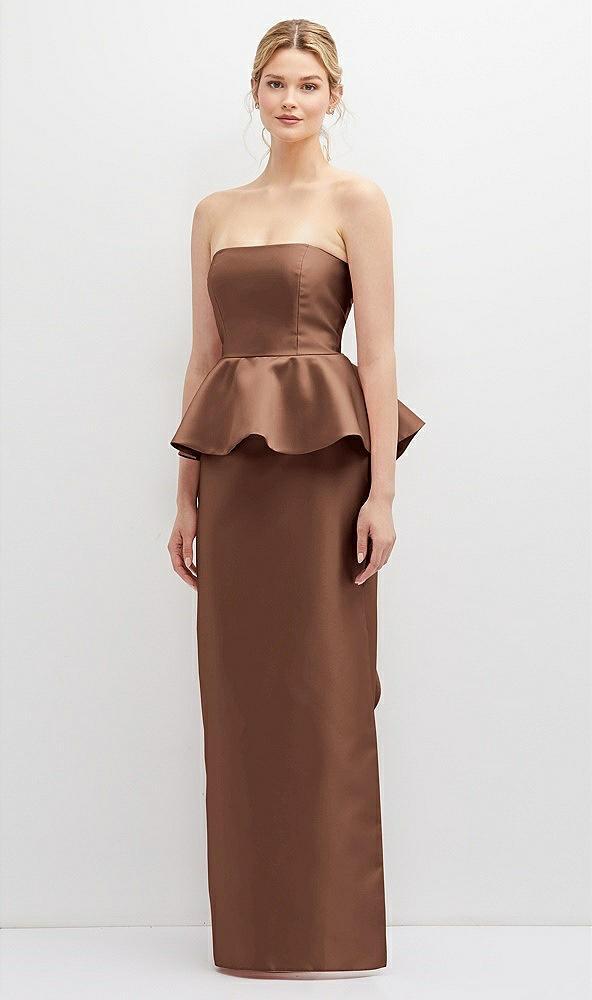 strapless satin maxi dress with cascade ruffle peplum detail
