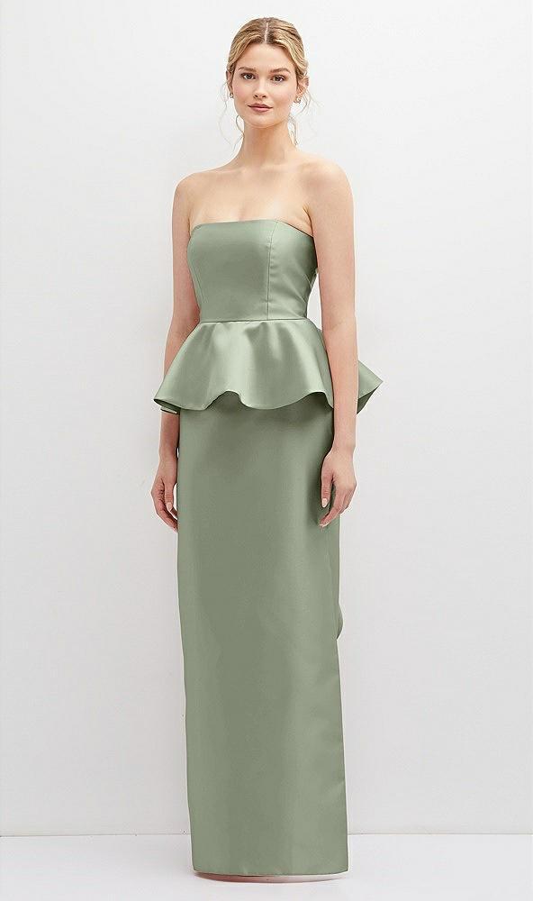 strapless satin maxi dress with cascade ruffle peplum detail