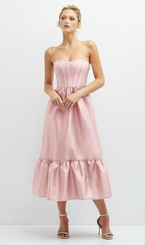 strapless satin midi corset dress with lace-up back & ruffle hem