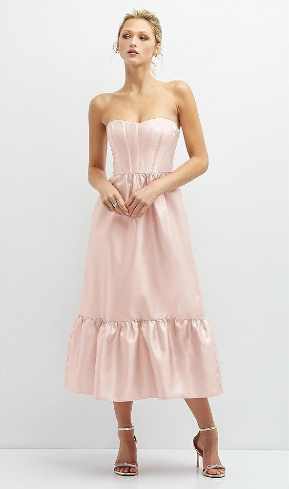 strapless satin midi corset dress with lace-up back & ruffle hem