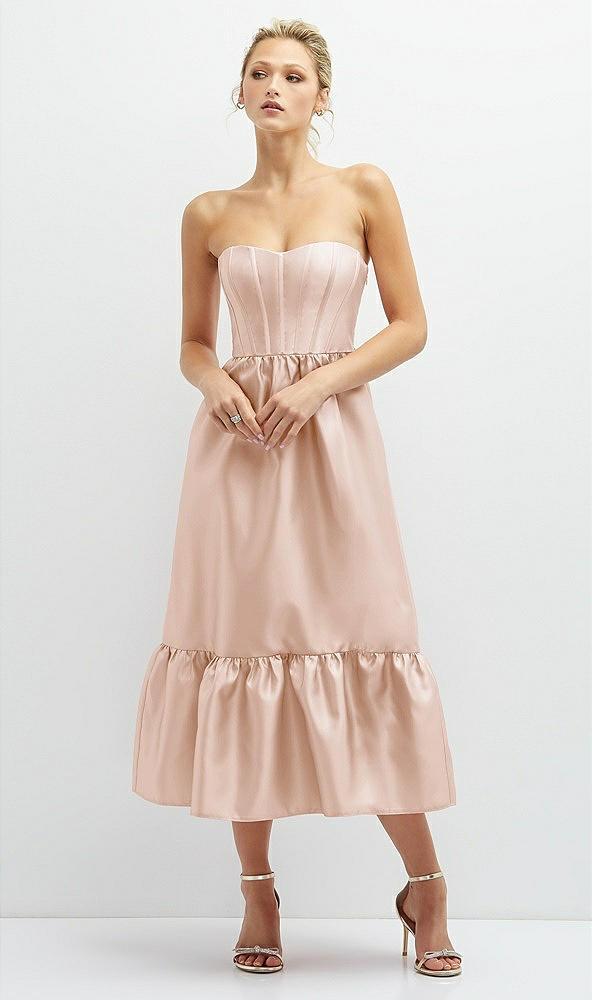 strapless satin midi corset dress with lace-up back & ruffle hem