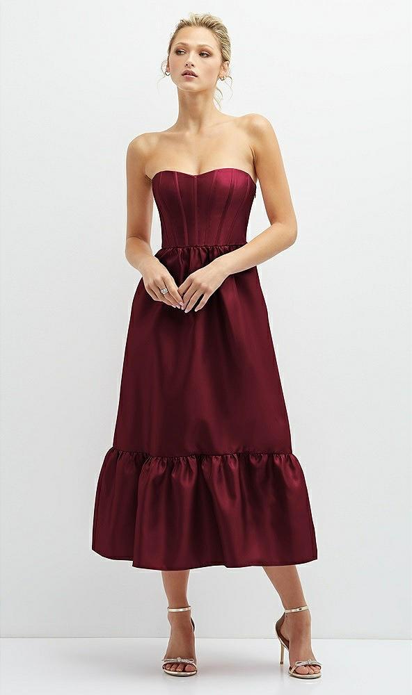 strapless satin midi corset dress with lace-up back & ruffle hem