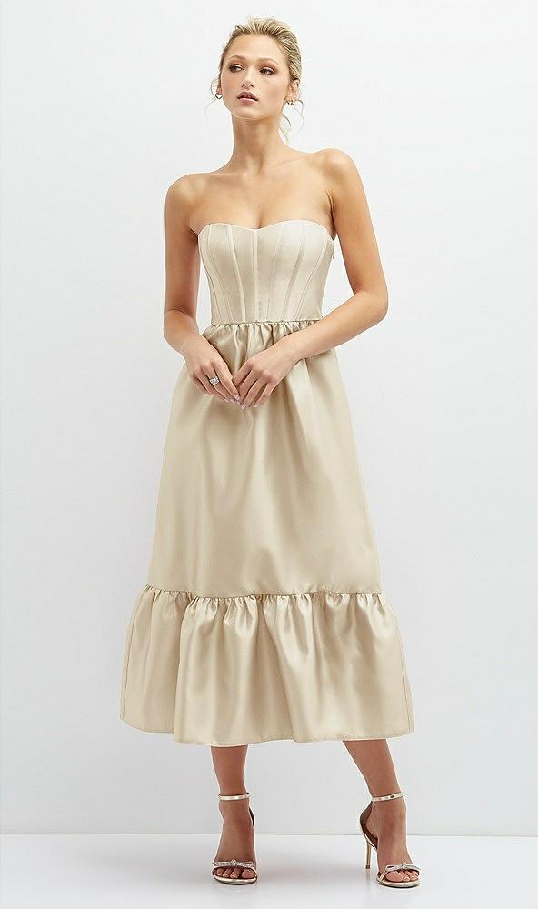 strapless satin midi corset dress with lace-up back & ruffle hem