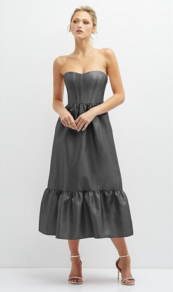 strapless satin midi corset dress with lace-up back & ruffle hem
