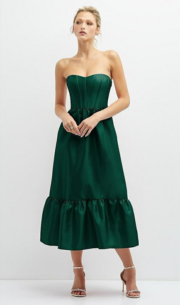 strapless satin midi corset dress with lace-up back & ruffle hem