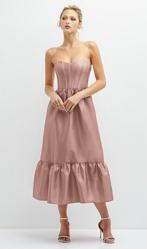 strapless satin midi corset dress with lace-up back & ruffle hem
