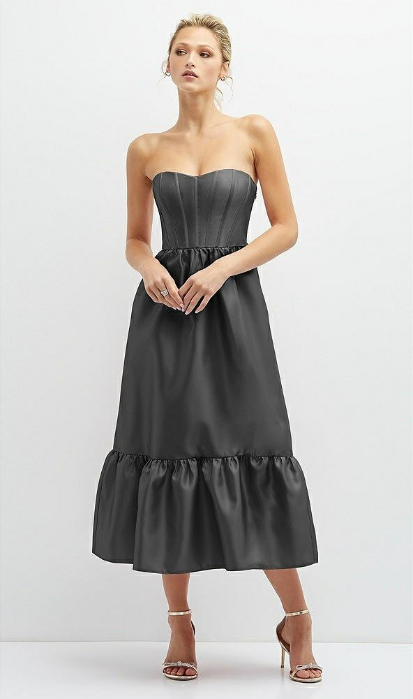 strapless satin midi corset dress with lace-up back & ruffle hem
