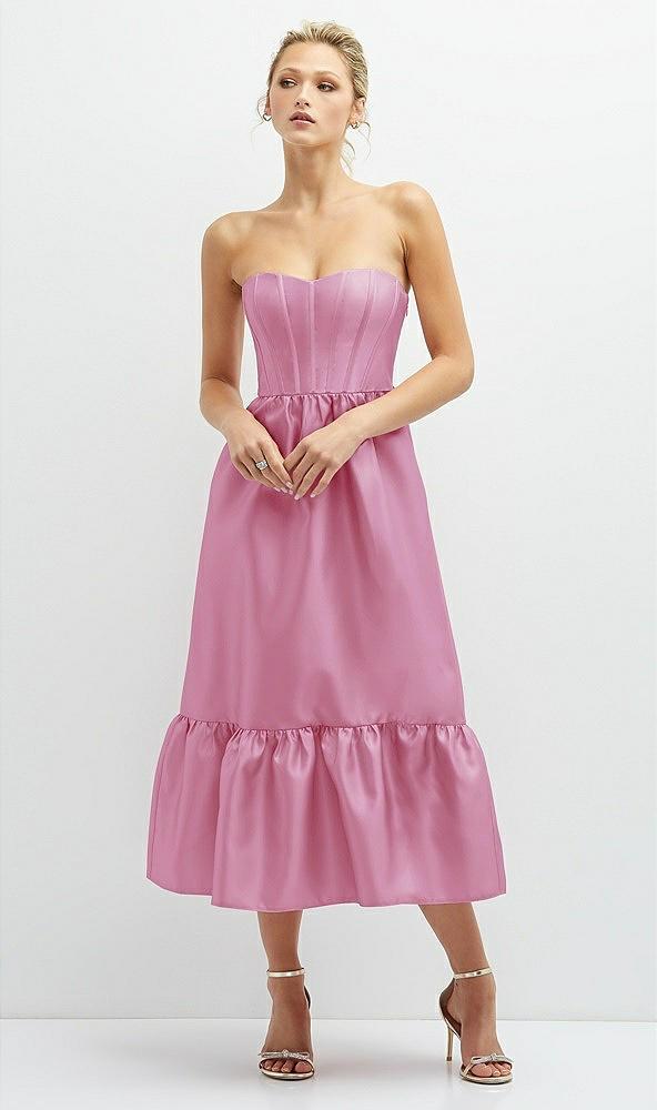 strapless satin midi corset dress with lace-up back & ruffle hem