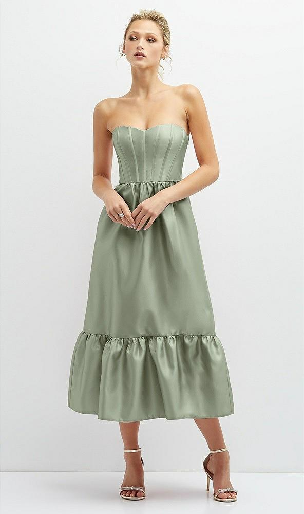 strapless satin midi corset dress with lace-up back & ruffle hem