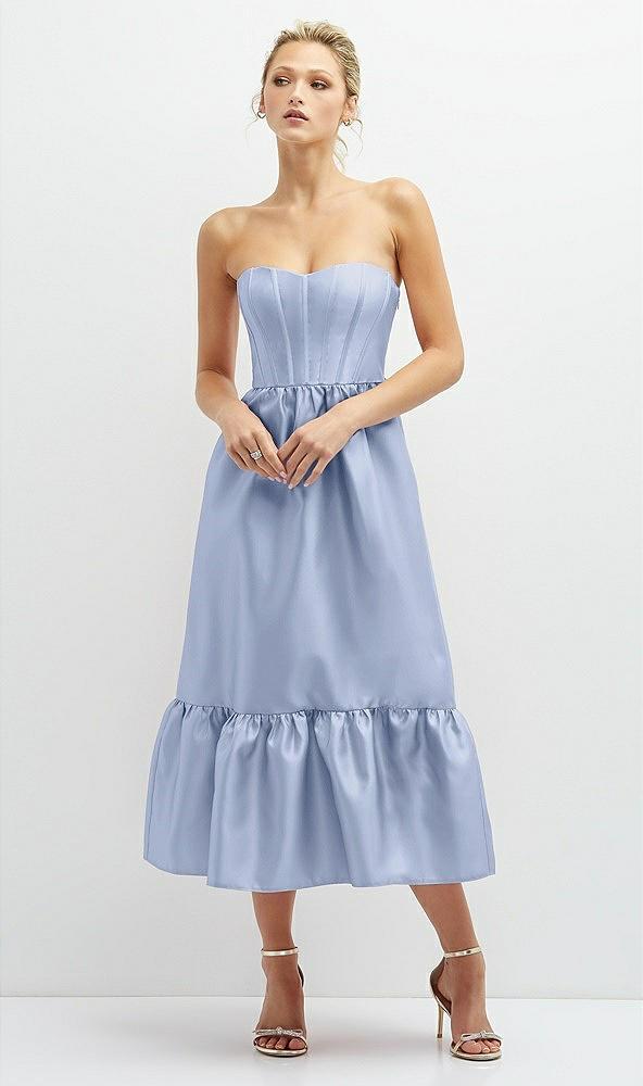 strapless satin midi corset dress with lace-up back & ruffle hem