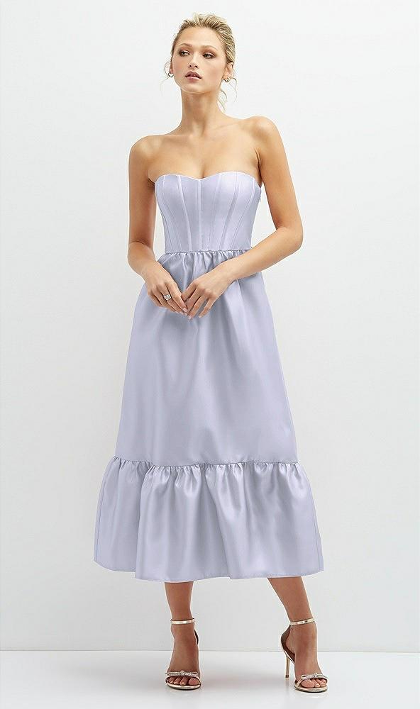 strapless satin midi corset dress with lace-up back & ruffle hem