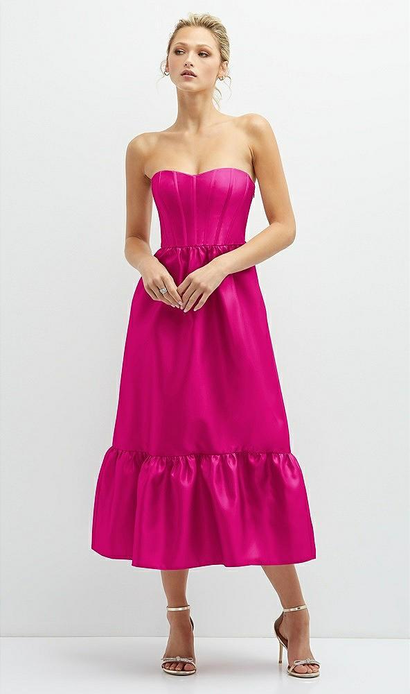 strapless satin midi corset dress with lace-up back & ruffle hem