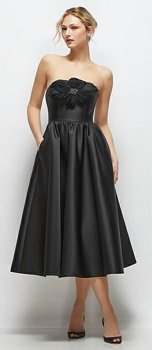 strapless satin midi dress with handmade flower & horsehair hem