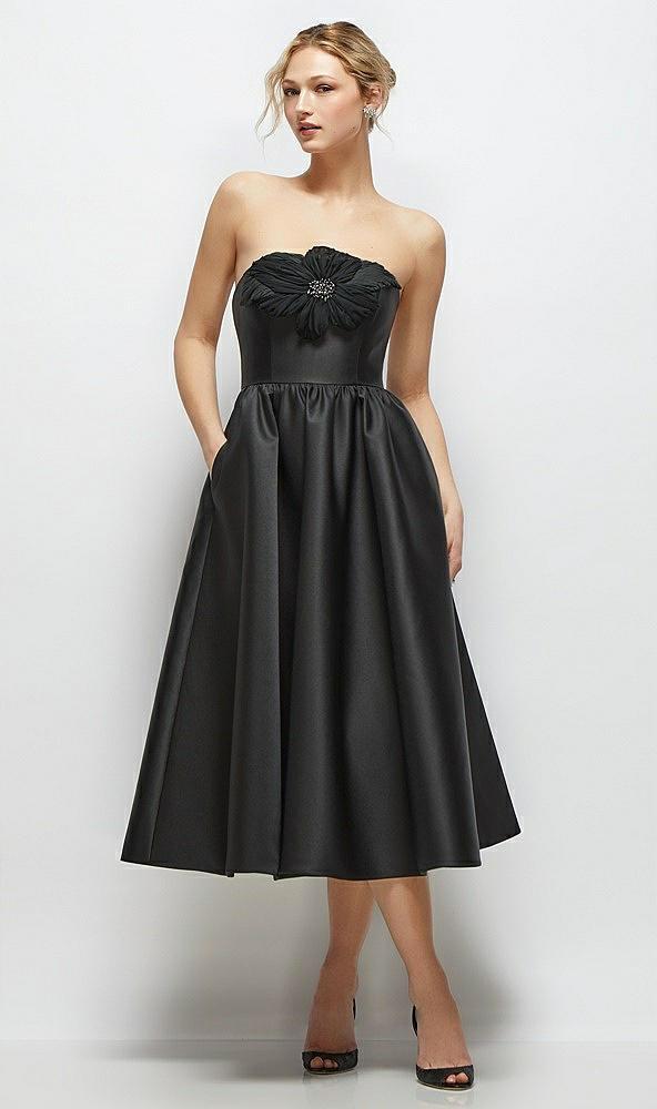 strapless satin midi dress with handmade flower & horsehair hem