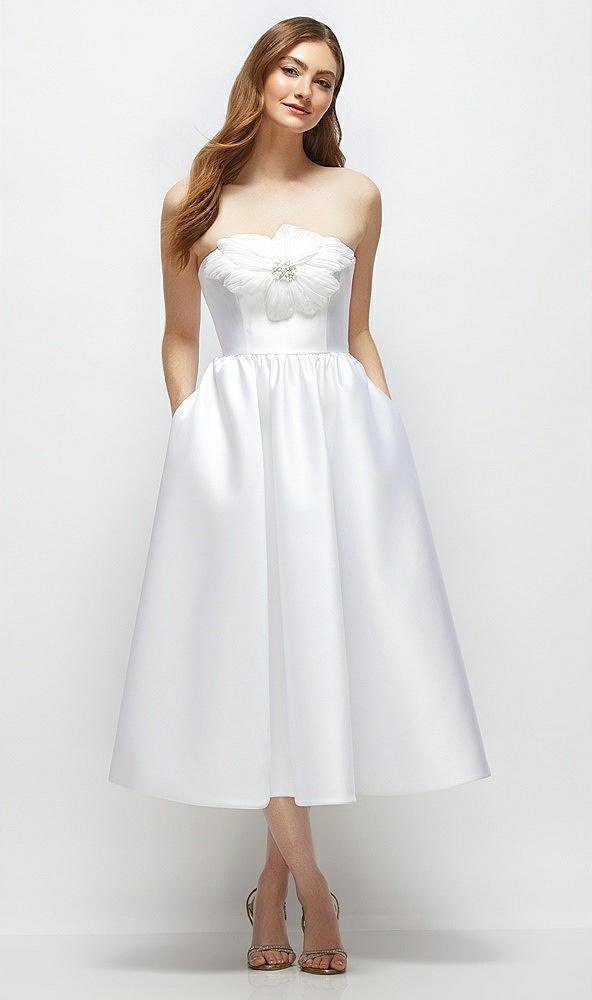 strapless satin midi dress with handmade flower & horsehair hem