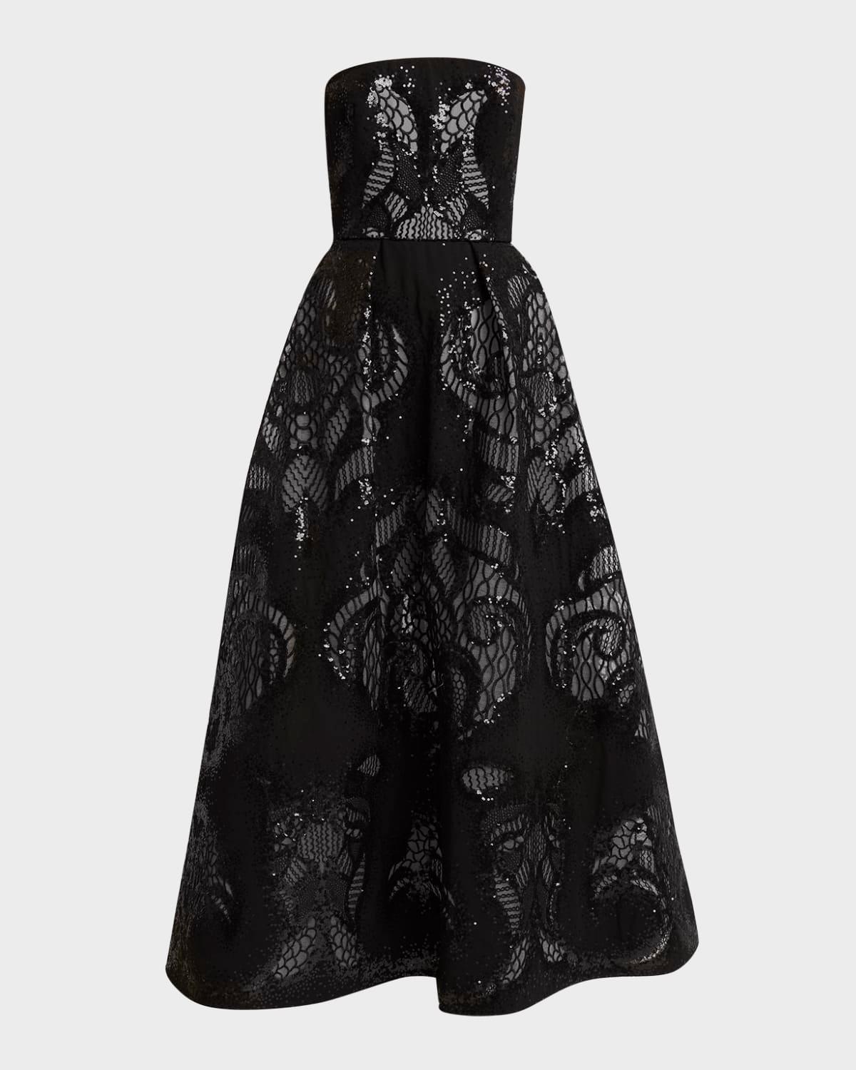 strapless sequin lace embroidered tulle midi dress