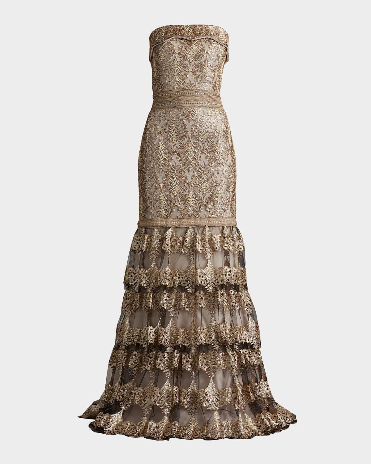 strapless sequin lace ruffle gown