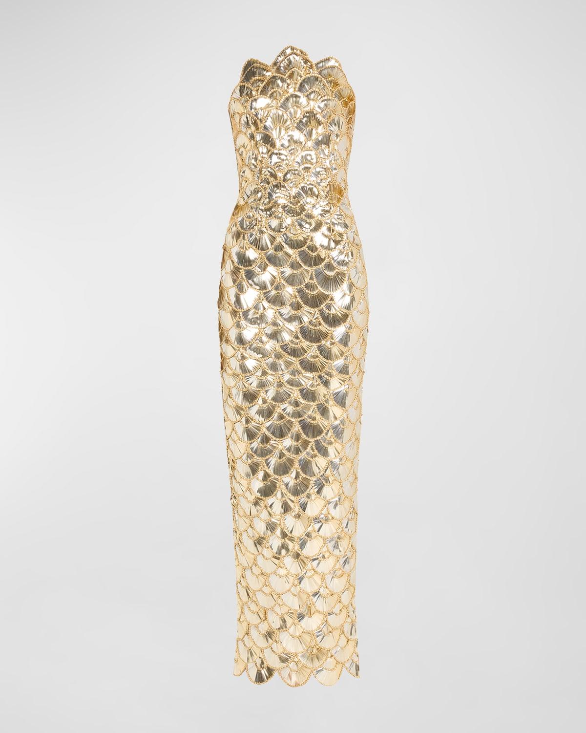 strapless sequined scallop column gown