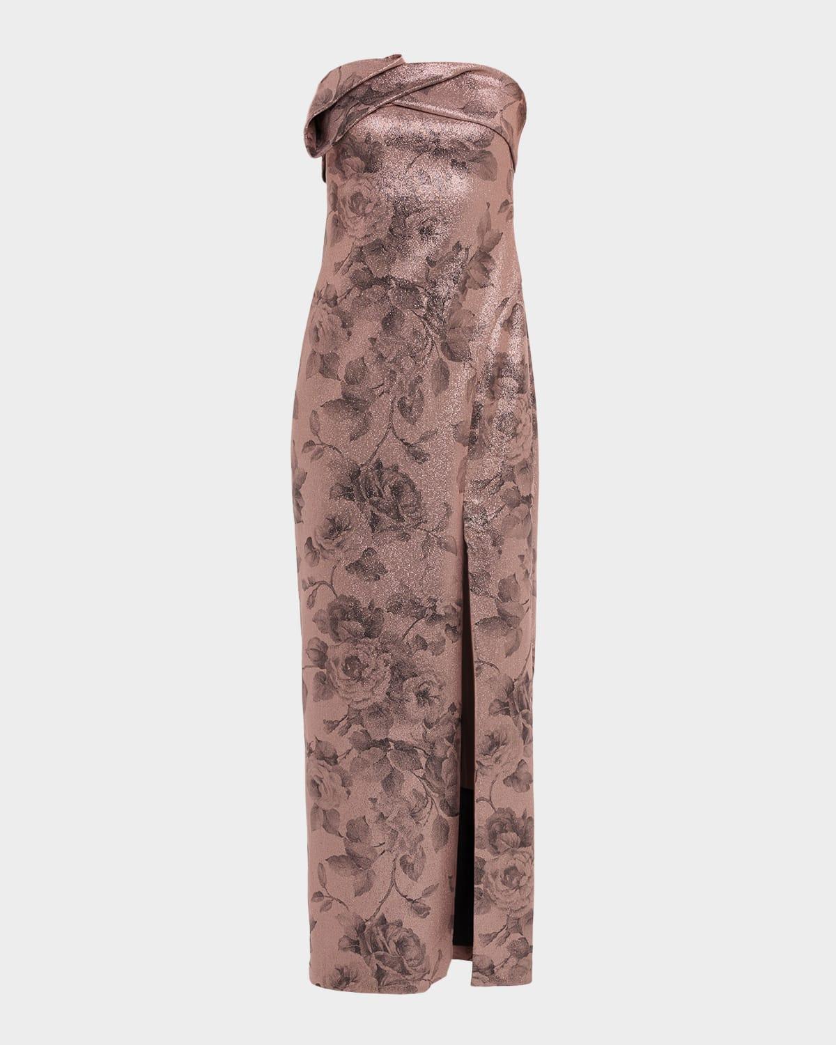 strapless shimmer jacquard column gown