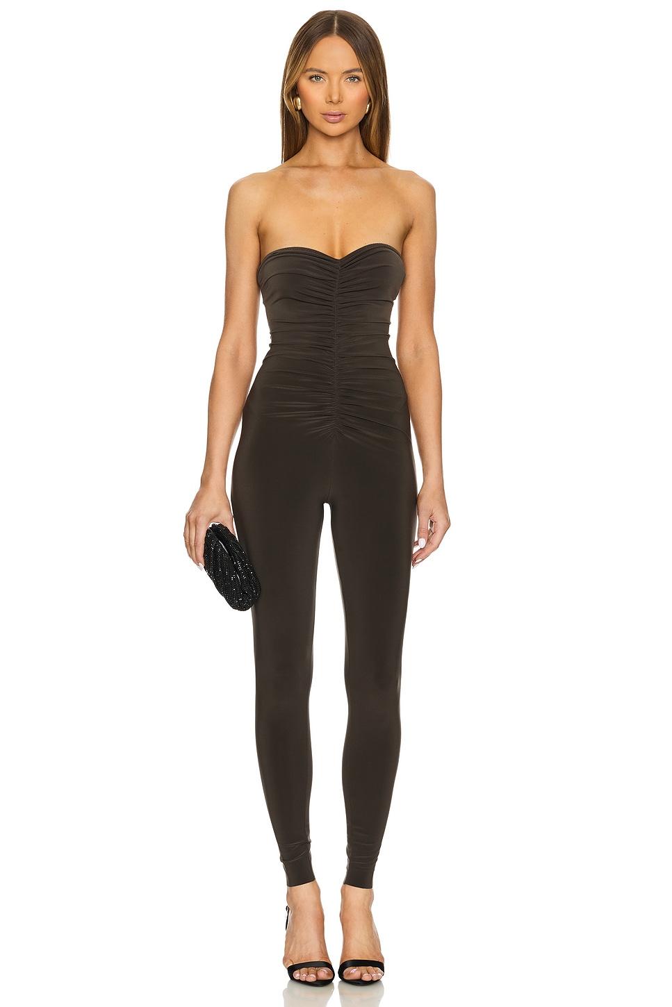 strapless shirred front catsuit