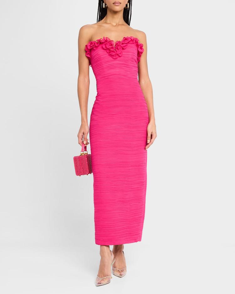 strapless shirred georgette maxi dress