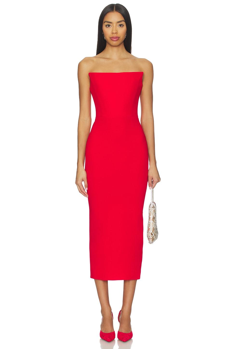 strapless stretch crepe midi dress