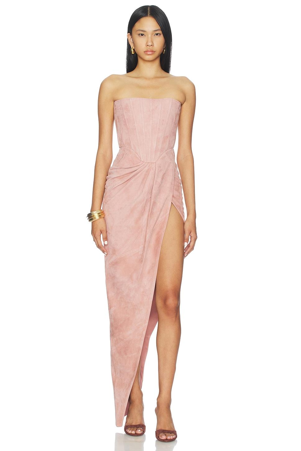 strapless suede corset drape gown